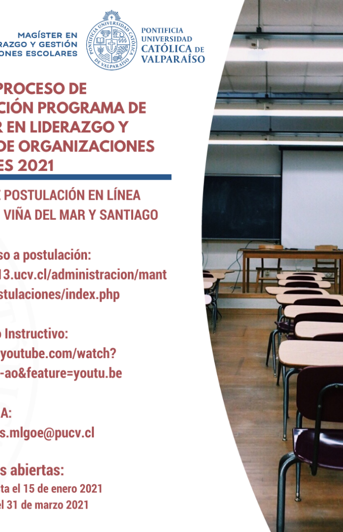 Abierto proceso de postulación al programa de Magíster en Liderazgo y Gestión de Organizaciones Escolares 2021.